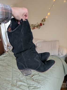 Black Suede Mid-Calf Western Boots - Women